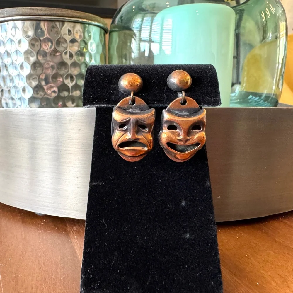 Vintage Copper Comedy and Tragedy Mask Earrings